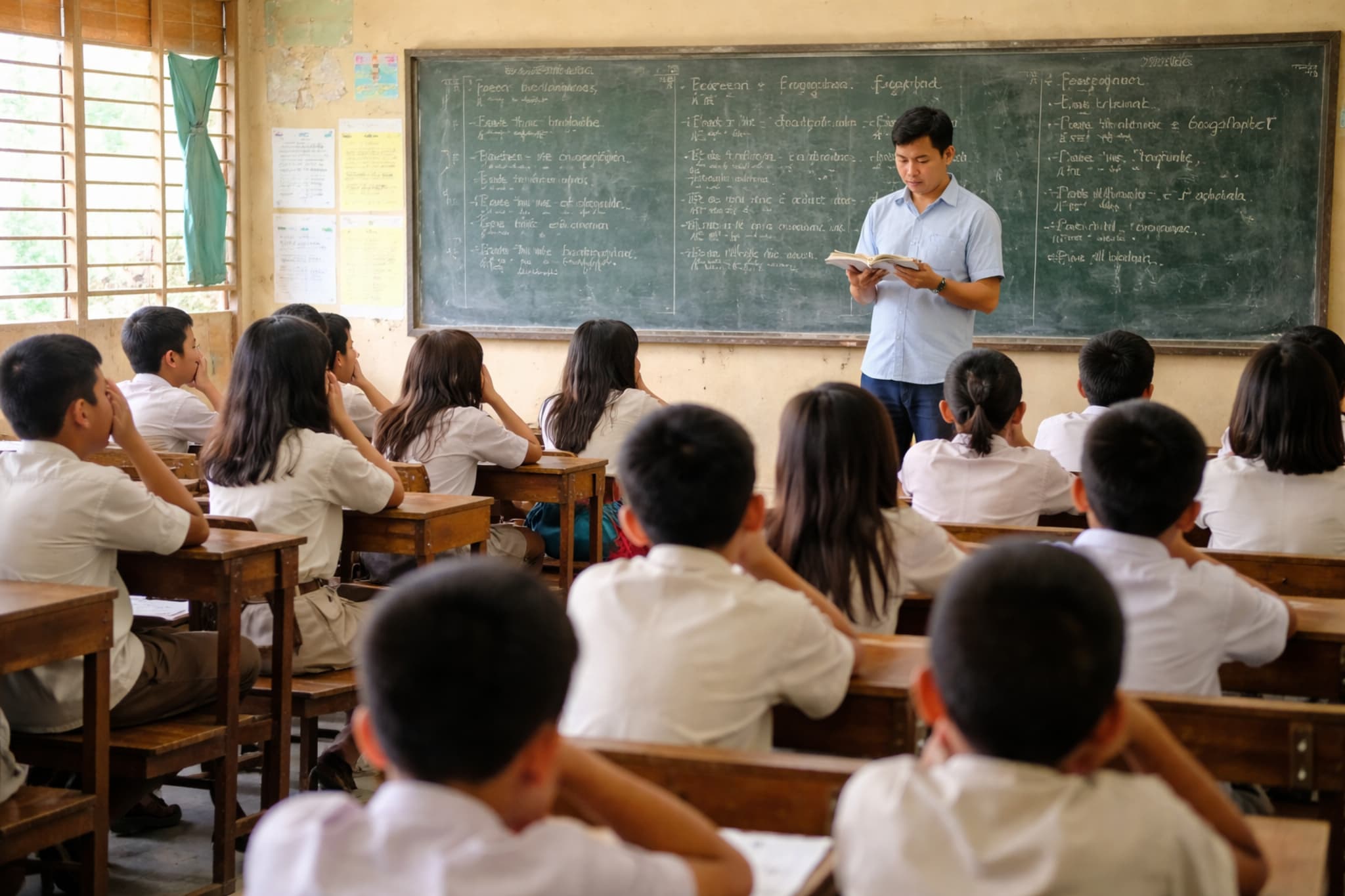 Teacher is lecturing the students, standing at the front of the class reading a book.