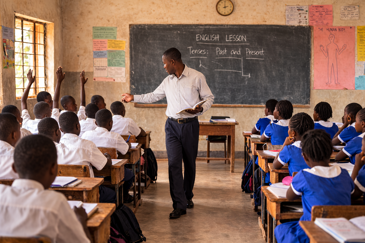 During a lesson, the teacher asks several questions. Most of the answers come from boys. The teacher often calls on the same group of confident students, who are mostly boys. Some girls appear to want to speak, but they do not raise their hands.
