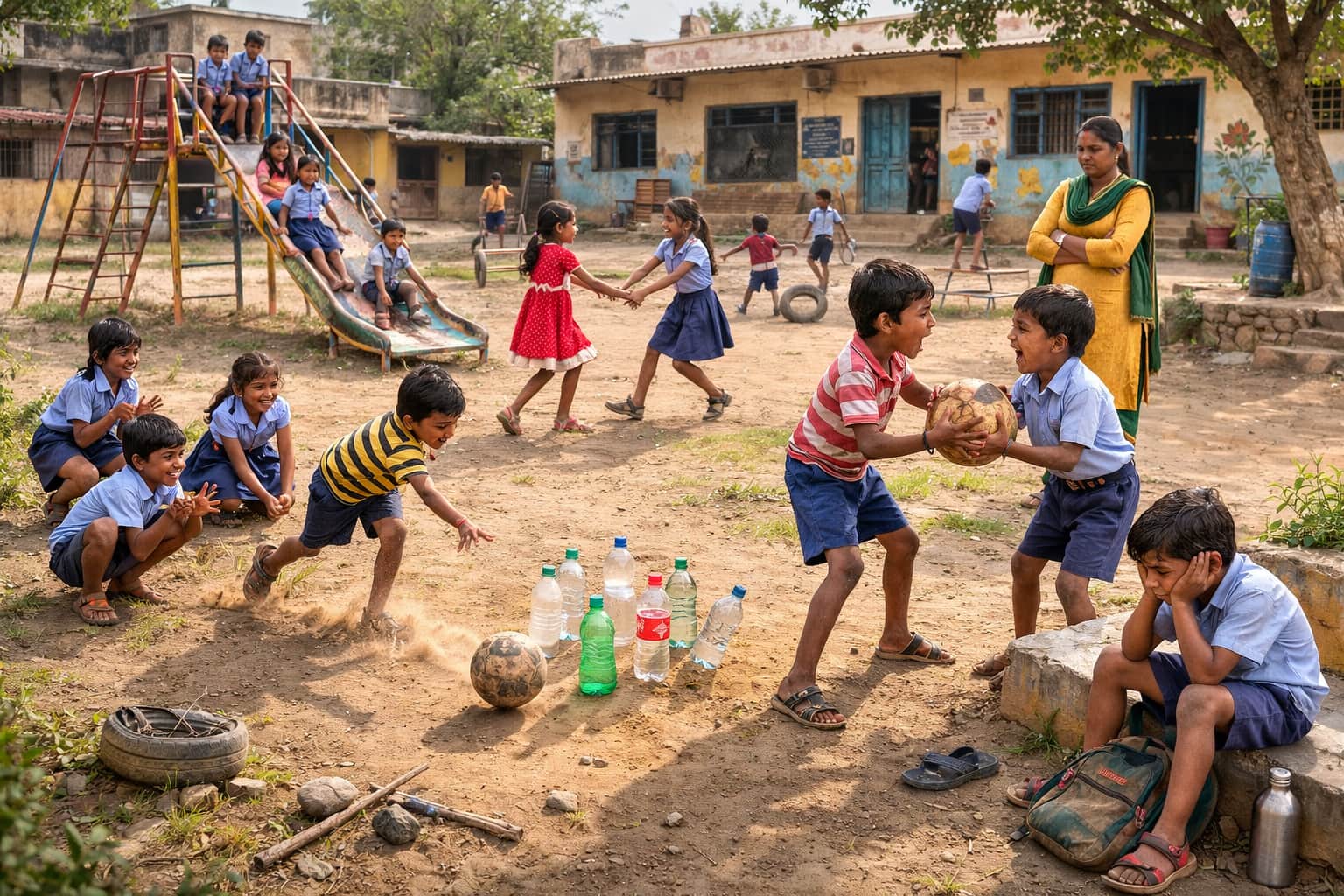 A group of children are playing outside during break time. The teacher is present but mostly standing to one side. Some students are happily playing together, but two boys are arguing over a ball. One child is sitting alone looking sad. The metal playground equipment is being used, but it has not been checked recently. Students are also playing with plastic bottles and sticks.