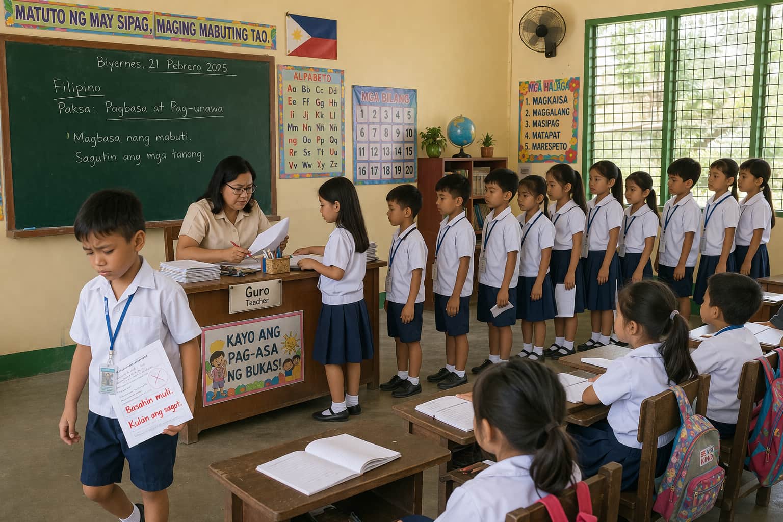 A teacher giving short feedback to students during a writing lesson — some students look confused, one is unnoticed at the back