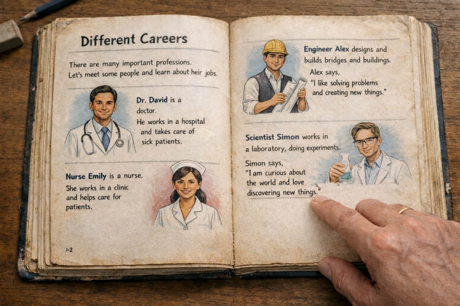 A photograph of a textbook open to a reading passage or double-page spread showing a careers theme, with illustrations of a doctor, engineer, and scientist depicted as male, and a nurse depicted as female. ALl the people are white.The image is taken from a slight overhead angle, as if a teacher is looking down at the book on their desk, with a teacher’s hand visible pointing to or underlining part of the text, creating a critical, observational feel.