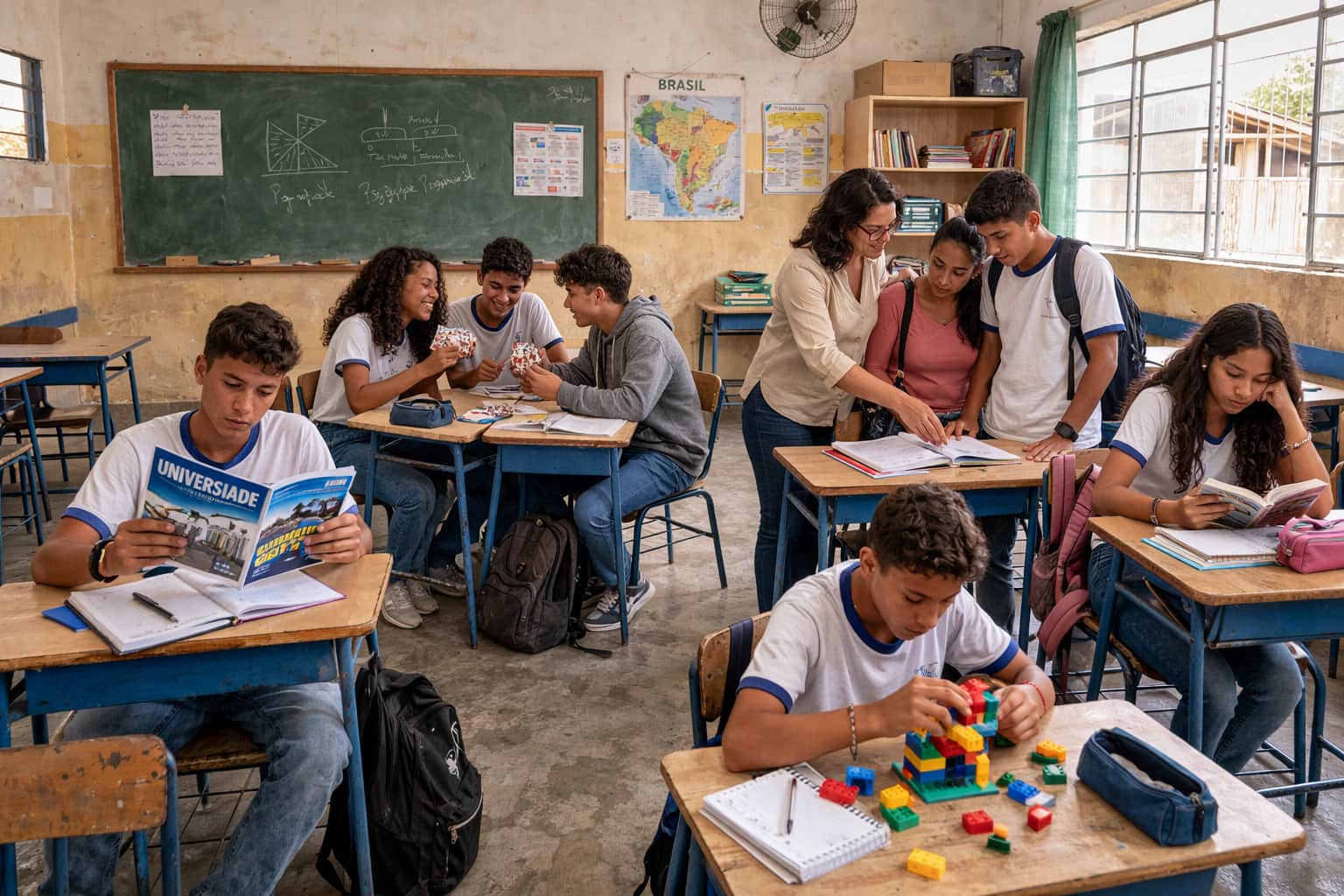 A group of students in a classroom are engaged in a mathematics lesson. Some are using textbooks, others are working on problems. One student is reading a university prospectus. Some students are socialising with friends. One student is building something creative. Another is reading quietly by herself. The teacher is in conversation with a parent and a student near the door.