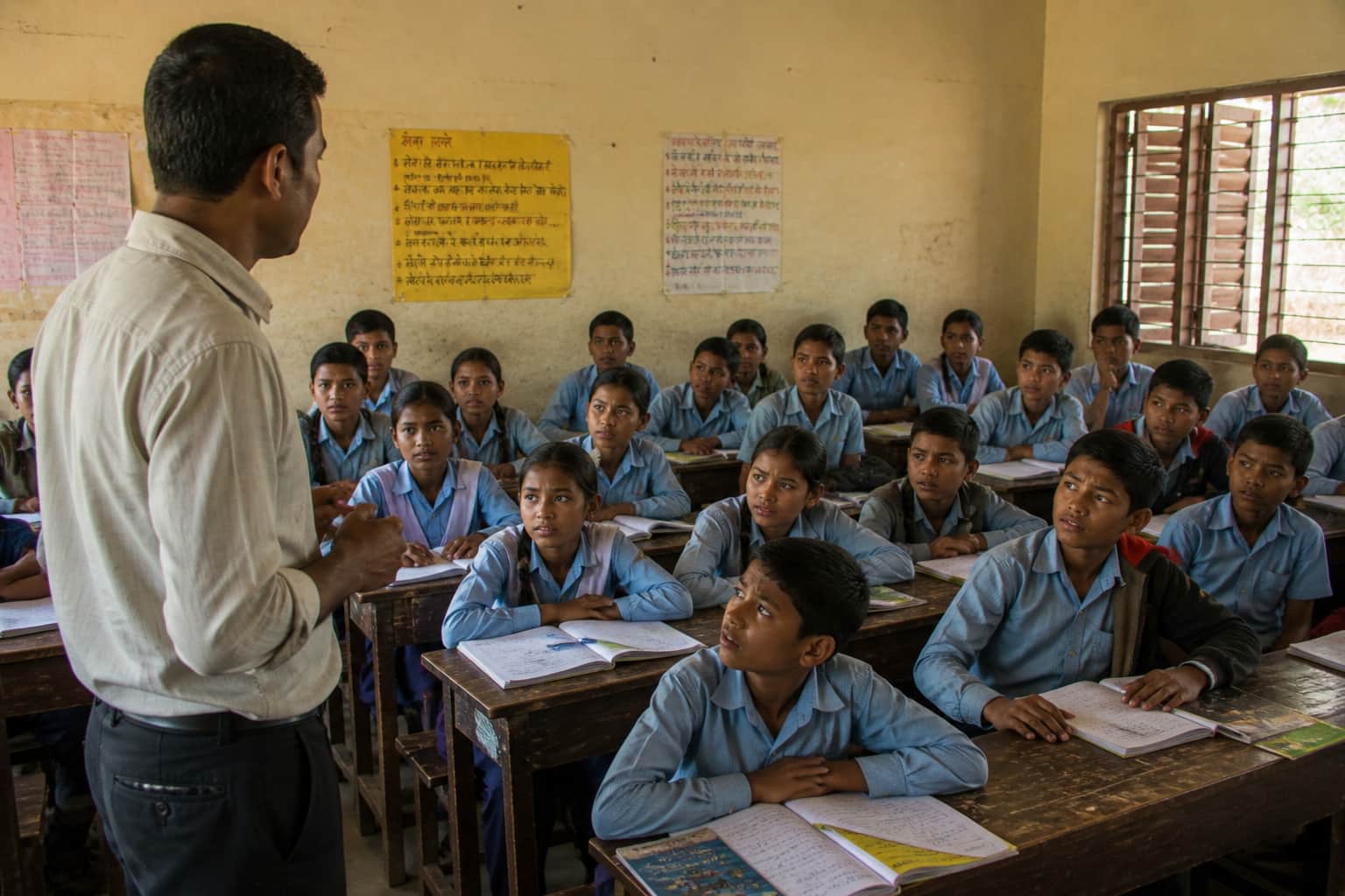 A teacher looking at a class of students whose faces show a mix of understanding and confusion