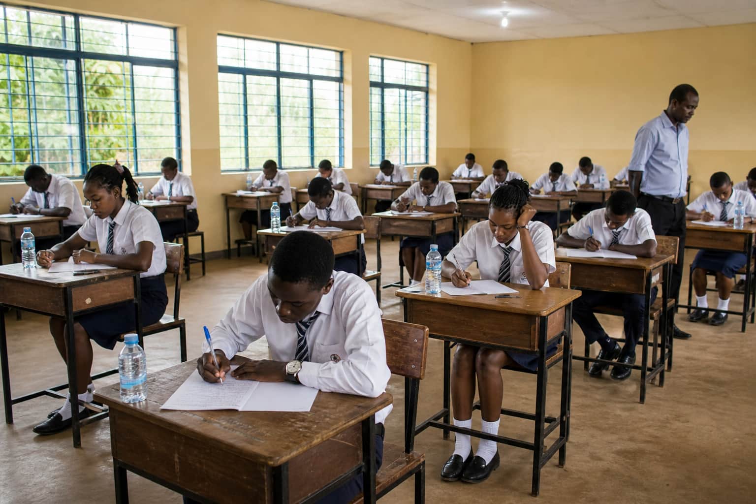 Students taking an exam in a calm, well-organised classroom