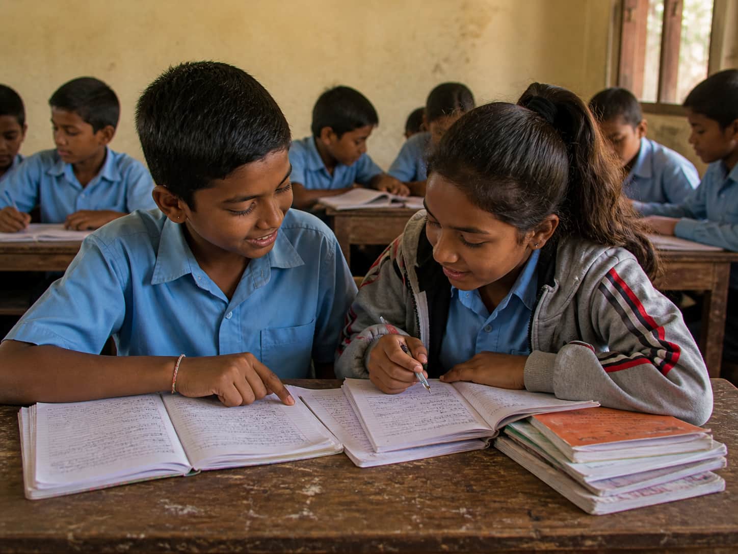 Two students checking each other’s work and discussing it