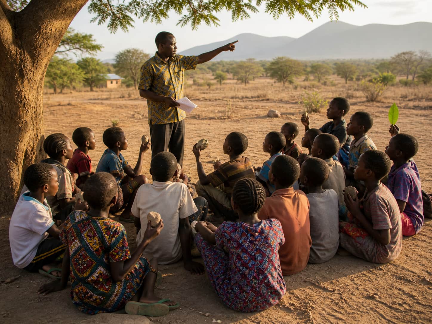A teacher and students having a lesson outdoors using natural materials