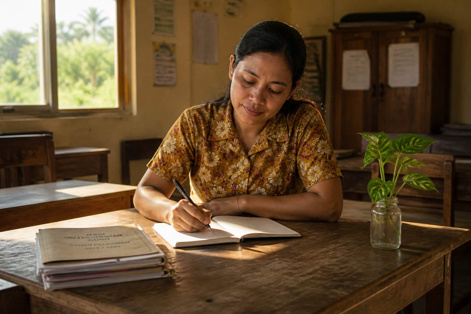 A teacher writing in a small notebook in a quiet moment after class