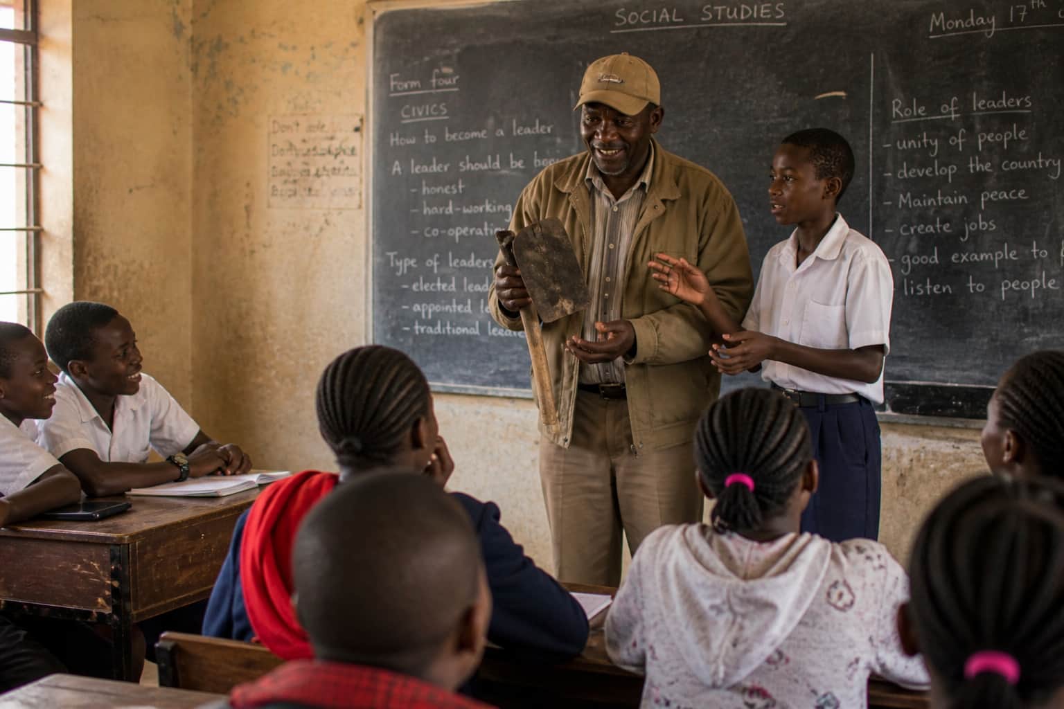 A community member talking to a class with a student translator alongside