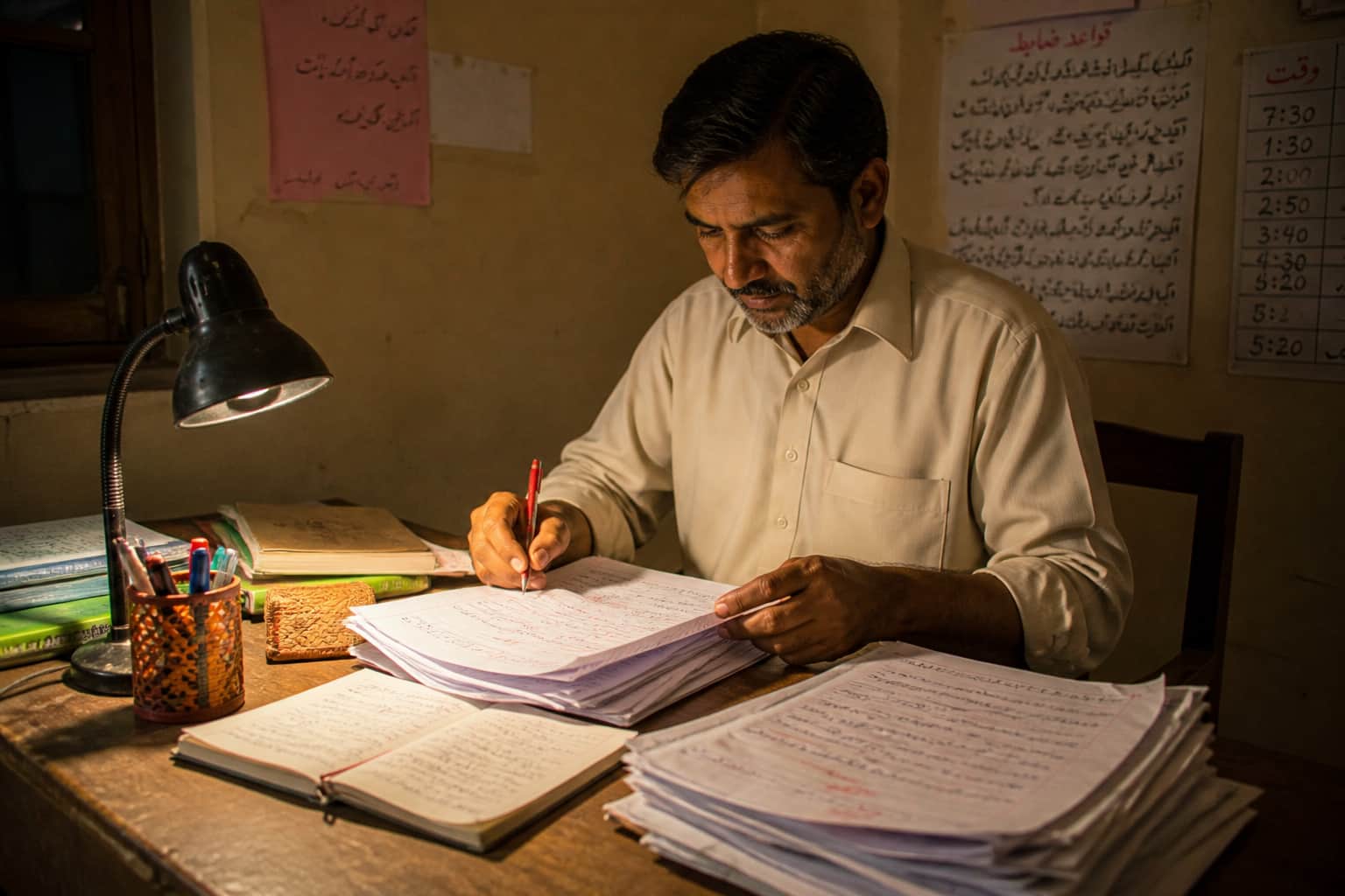 A teacher carefully marking exam papers with a marking scheme open beside them