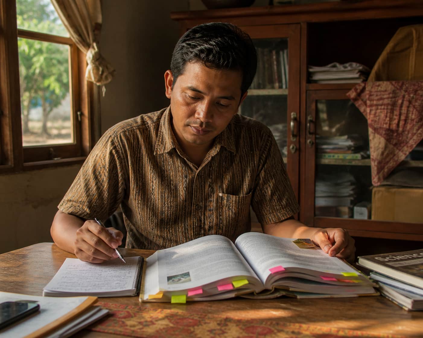 A teacher planning lessons with their textbook open and a notebook with notes
