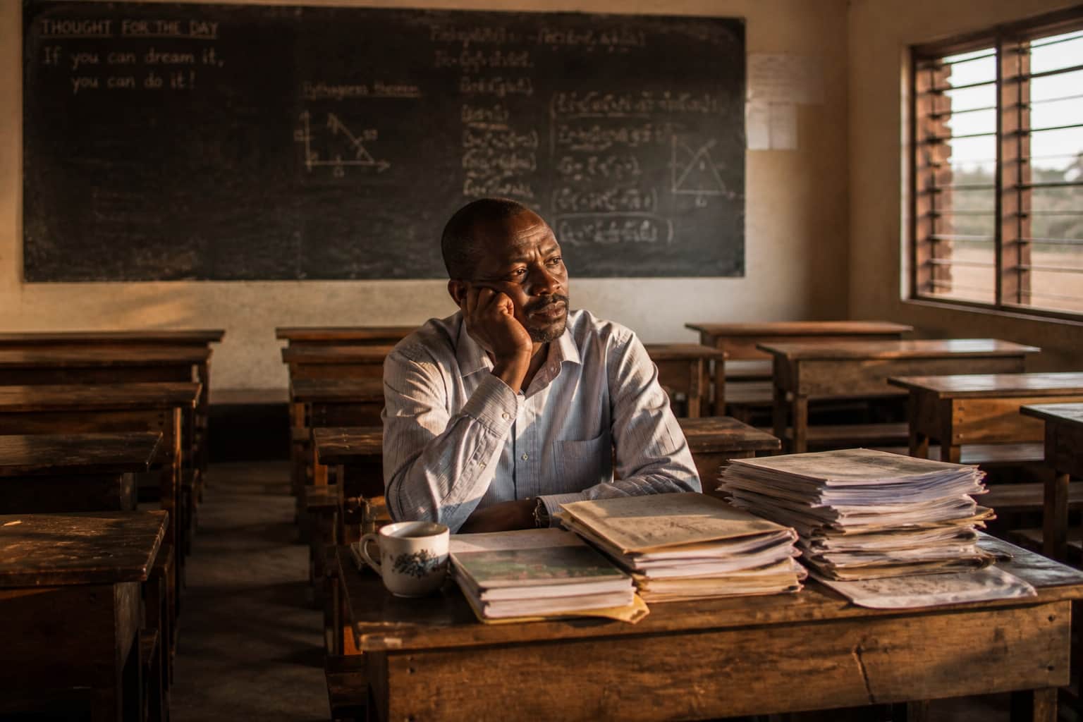 A teacher sitting at their desk after school, taking a quiet moment to rest