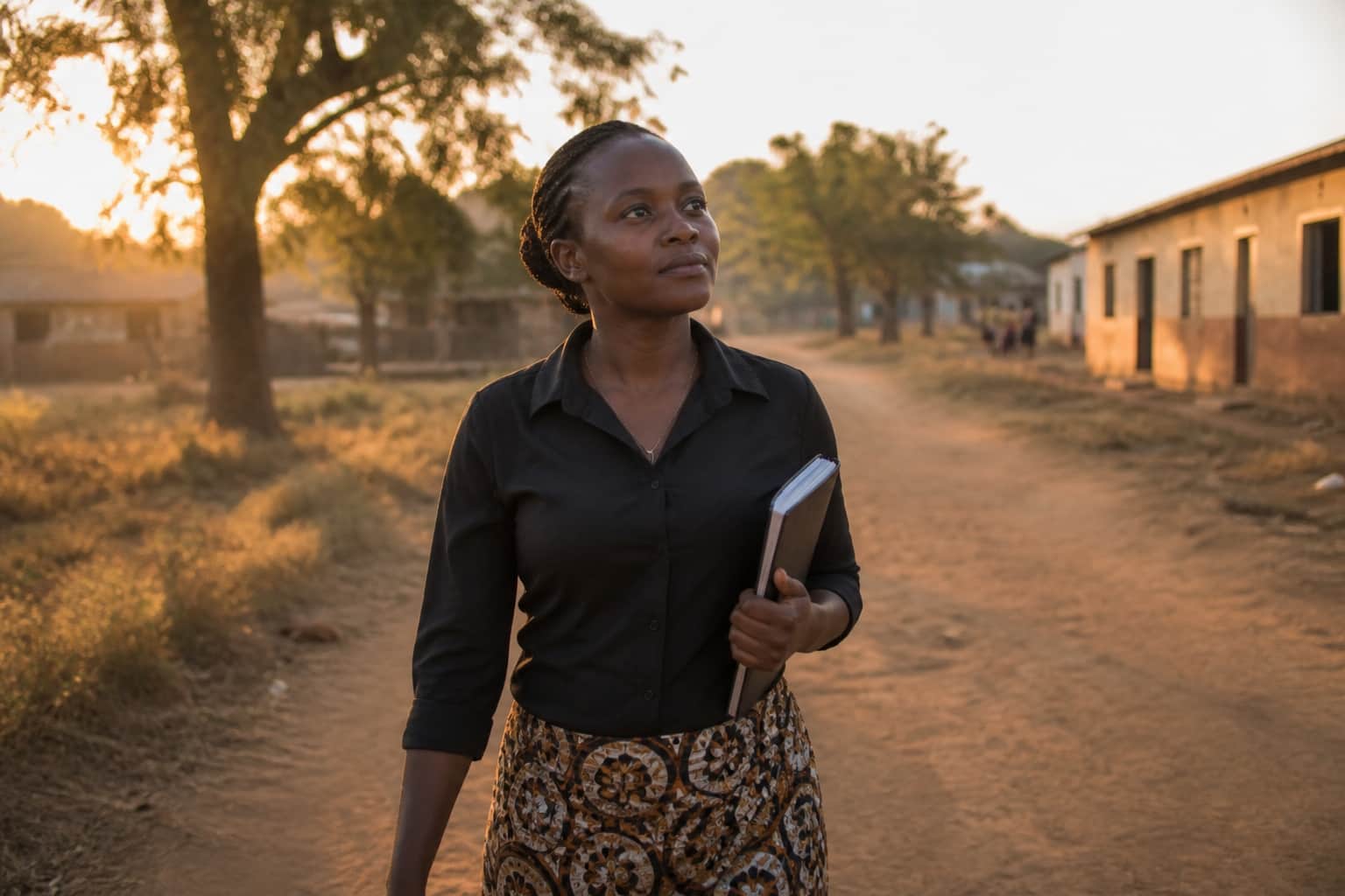 A teacher walking home from school, looking thoughtful, holding a notebook