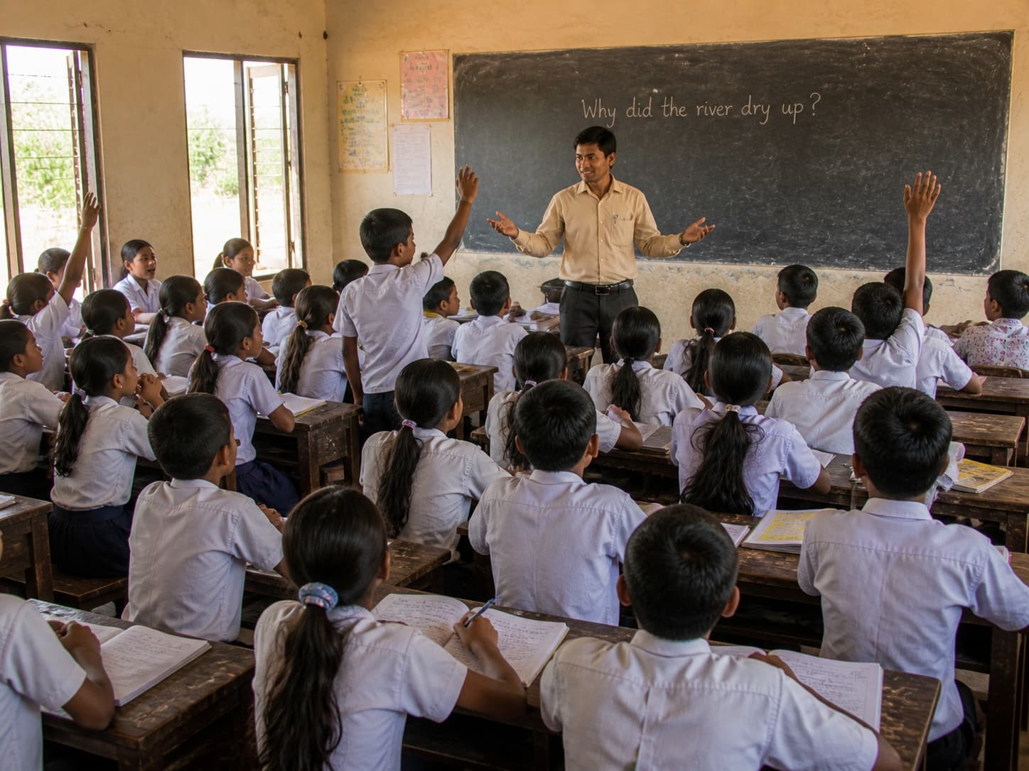 A teacher about to call on a confident front-row student while others in the back have unspoken answers