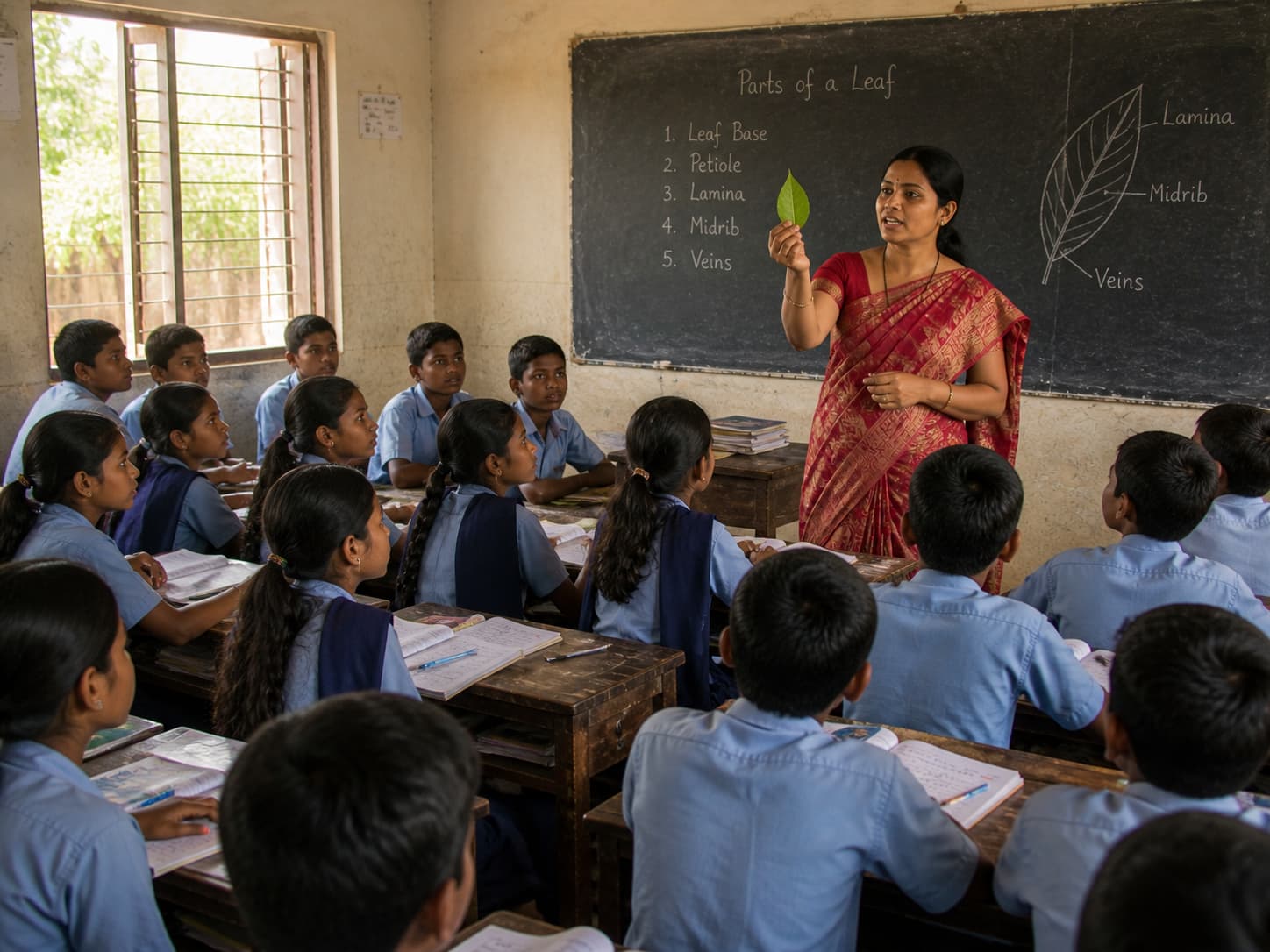 A teacher showing a real object to students while teaching new vocabulary