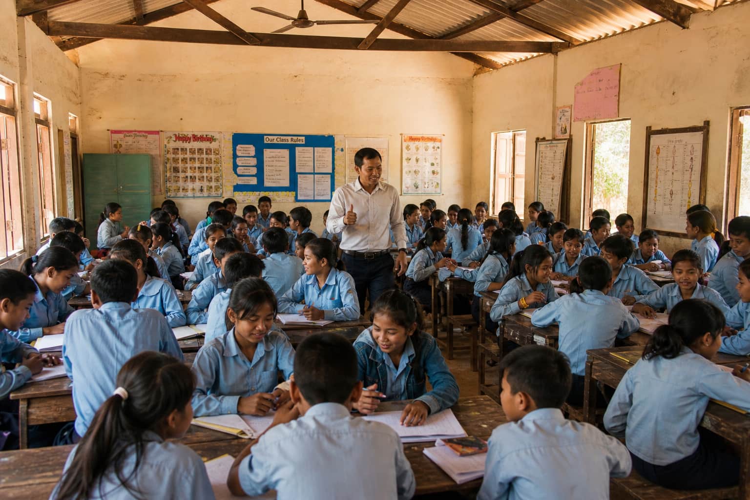 A teacher walking calmly between rows of students working in pairs, raising a hand to signal something