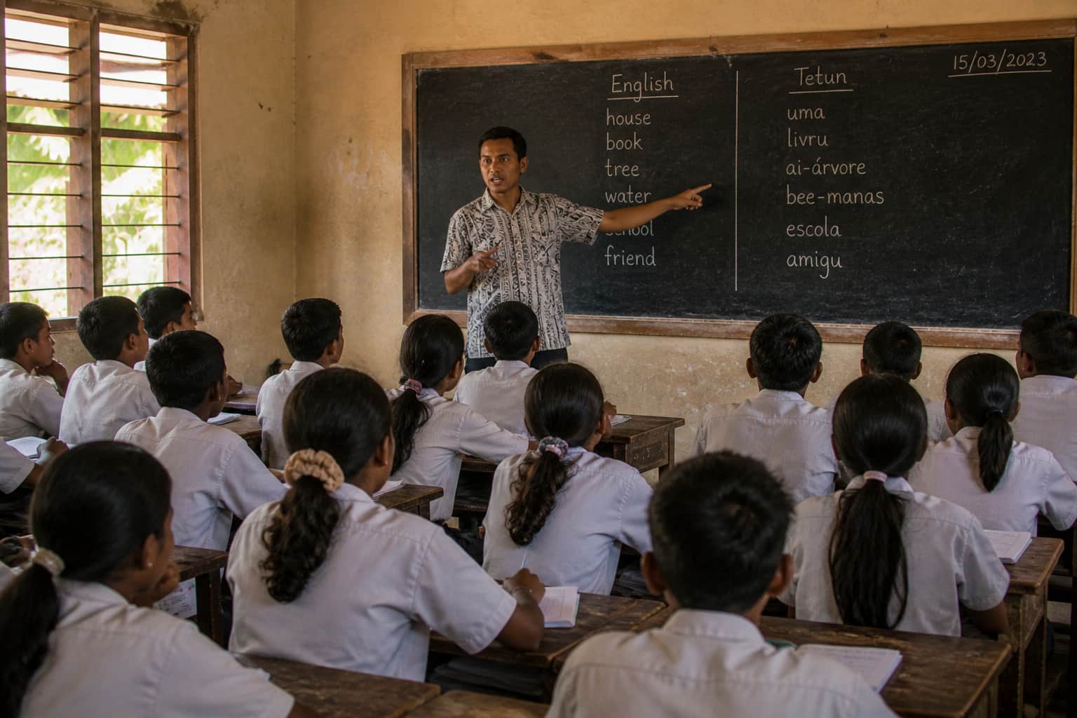 A teacher writing English and L1 words side by side on the board